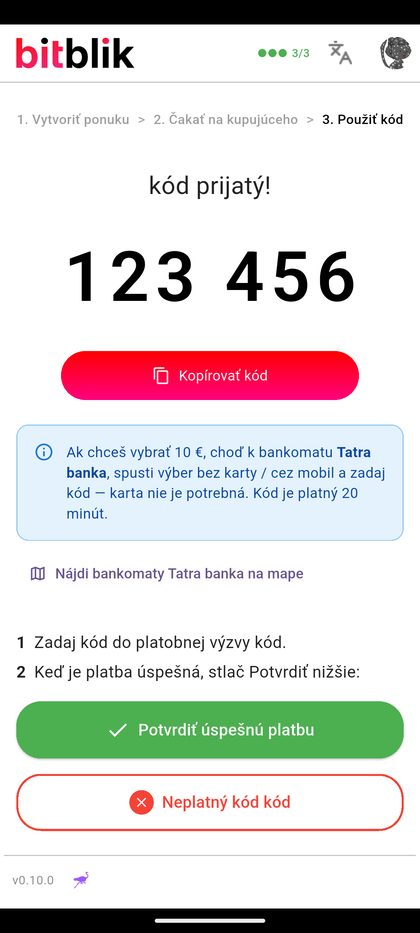 Prijatý kód a inštrukcie k bankomatu